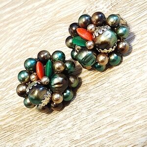 Clip On Earrings Cluster Japan Faux Pearl Textured Granny